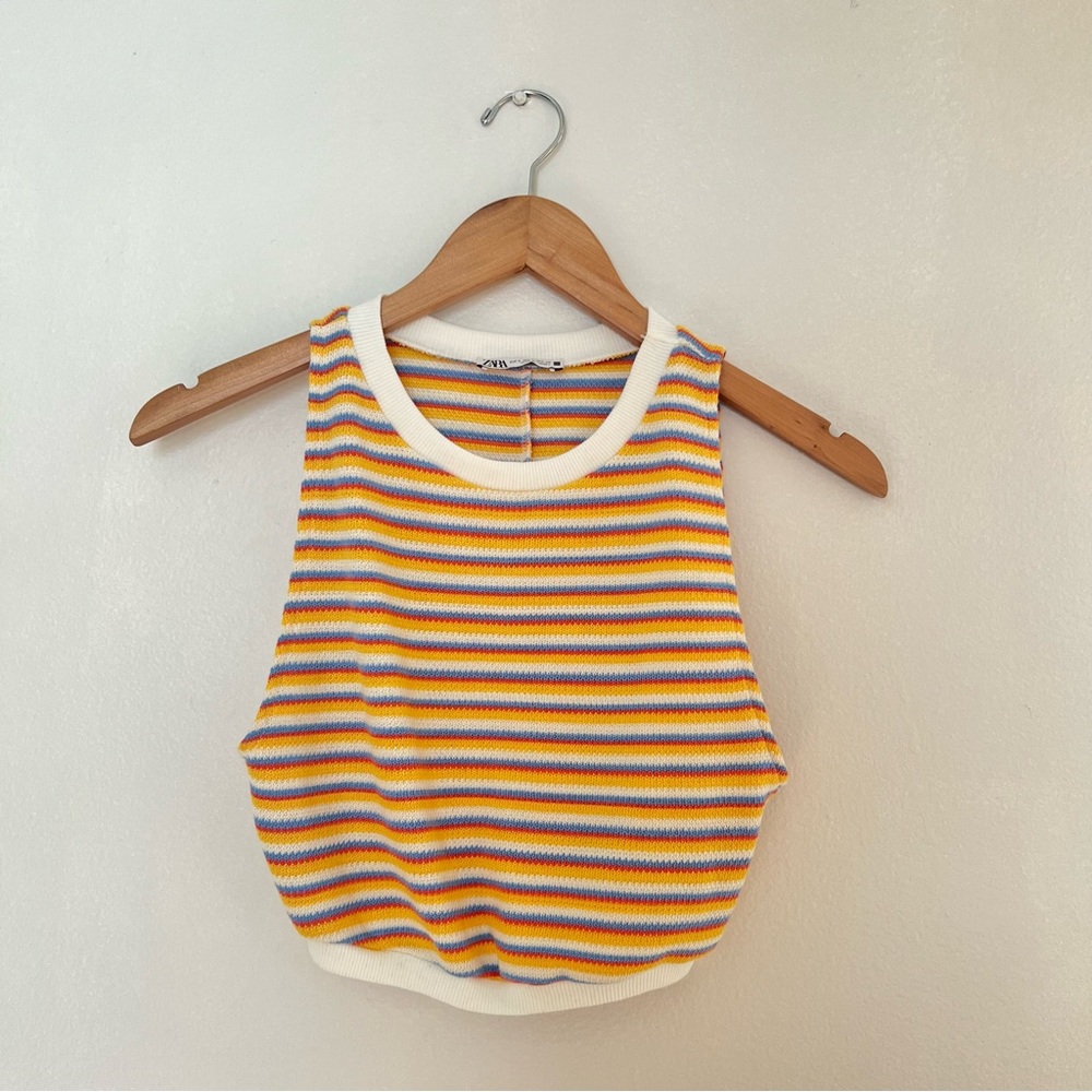 Super cute Zara halter crop top with white, blue, yellow, and red stripes. 🌈☀️